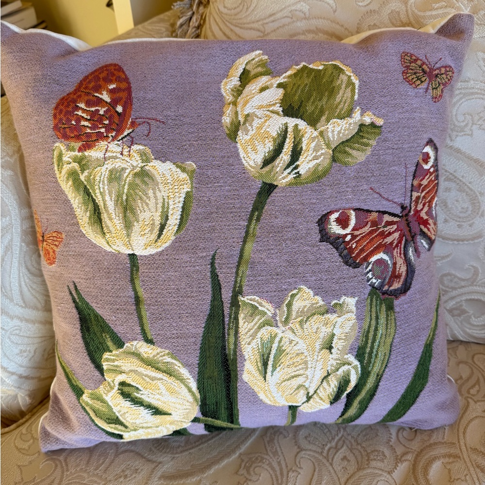 Butterfly and Tulip Embroidered Pillow - Lavender and Green